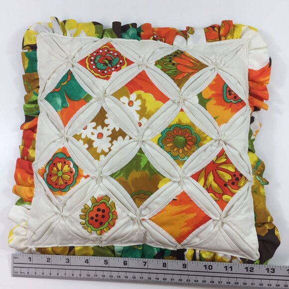 Vintage Quilted Cathedral Window Sofa Pillow Orange Teal White Floral Ruffle 13" - Picture 8 of 8